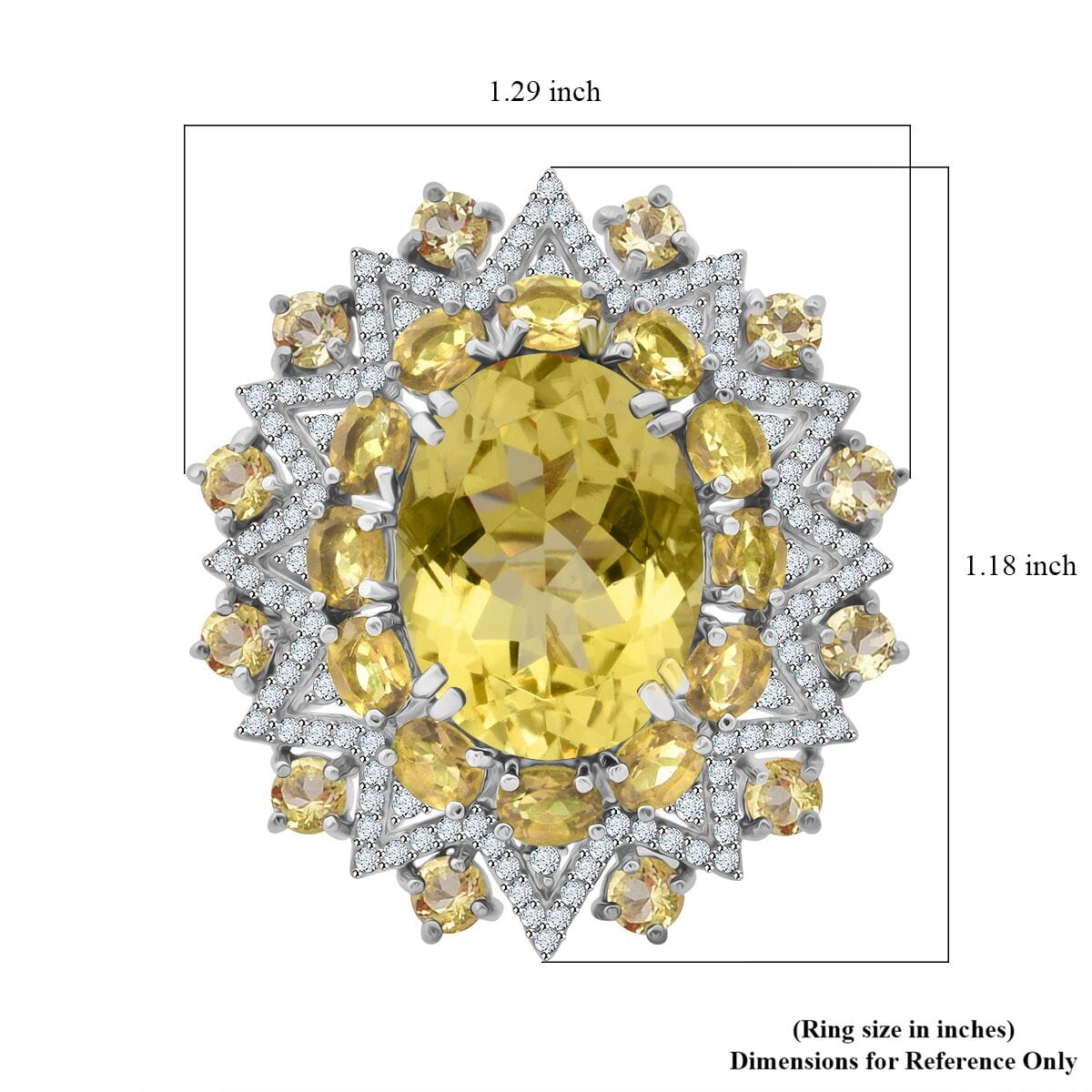 Green Gold Quartz and White Zircon 13.70 ctw Eclipse Royale Ring in Rhodium Over Sterling Silver (Size 8.0) image number 5