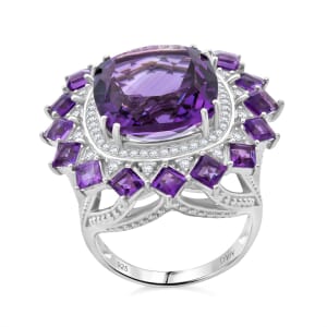 D'Joy African Amethyst and White Zircon 15.50 ctw Ring in Rhodium Over Sterling Silver (Size 10.0)