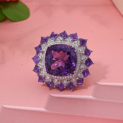 D'Joy African Amethyst and White Zircon 15.50 ctw Ring in Rhodium Over Sterling Silver (Size 10.0)