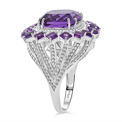 D'Joy African Amethyst and White Zircon 15.50 ctw Ring in Rhodium Over Sterling Silver (Size 10.0)