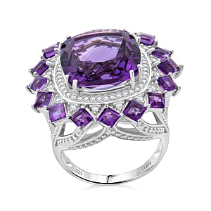D'Joy African Amethyst and White Zircon 15.50 ctw Ring in Rhodium Over Sterling Silver (Size 8.0)
