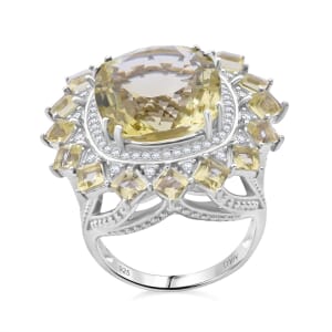 D'Joy Green Gold Quartz and White Zircon 14.20 ctw Ring in Rhodium Over Sterling Silver (Size 10.0)
