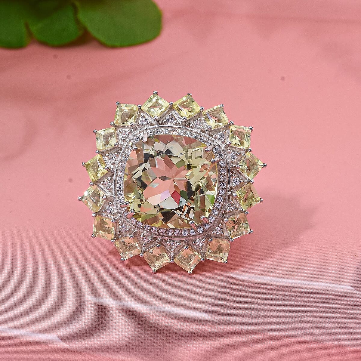 D'Joy Green Gold Quartz and White Zircon 14.20 ctw Ring in Rhodium Over Sterling Silver (Size 6.0) image number 1