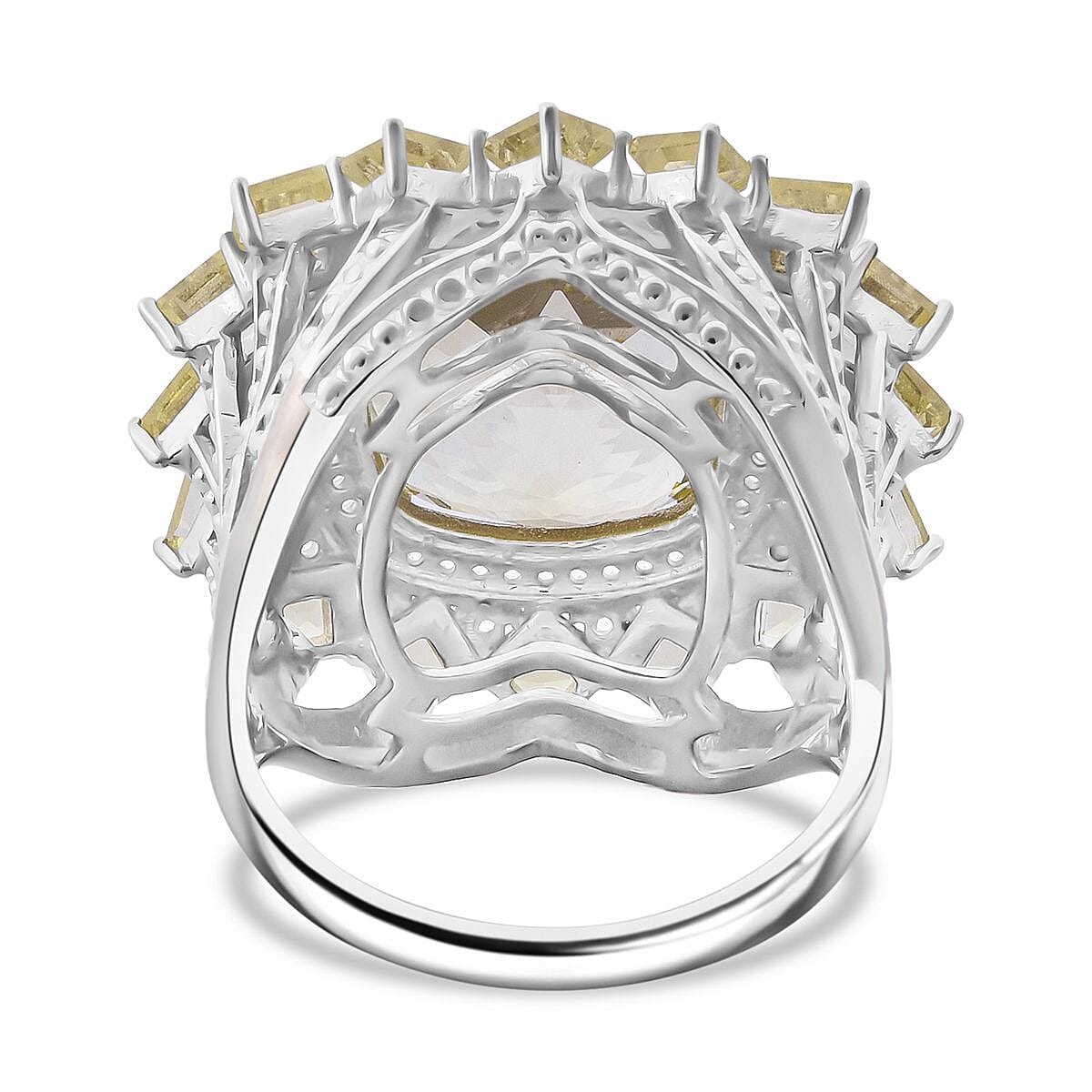 D'Joy Green Gold Quartz and White Zircon 14.20 ctw Ring in Rhodium Over Sterling Silver (Size 6.0) image number 4