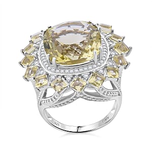D'Joy Green Gold Quartz and White Zircon 14.20 ctw Ring in Rhodium Over Sterling Silver (Size 7.0)
