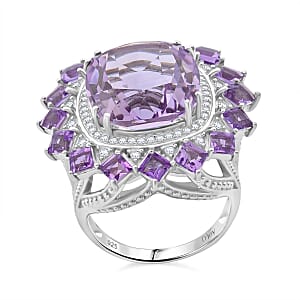 D'Joy Rose De France Amethyst and White Zircon 13.25 ctw Floral Ring in Rhodium Over Sterling Silver (Size 11.0)