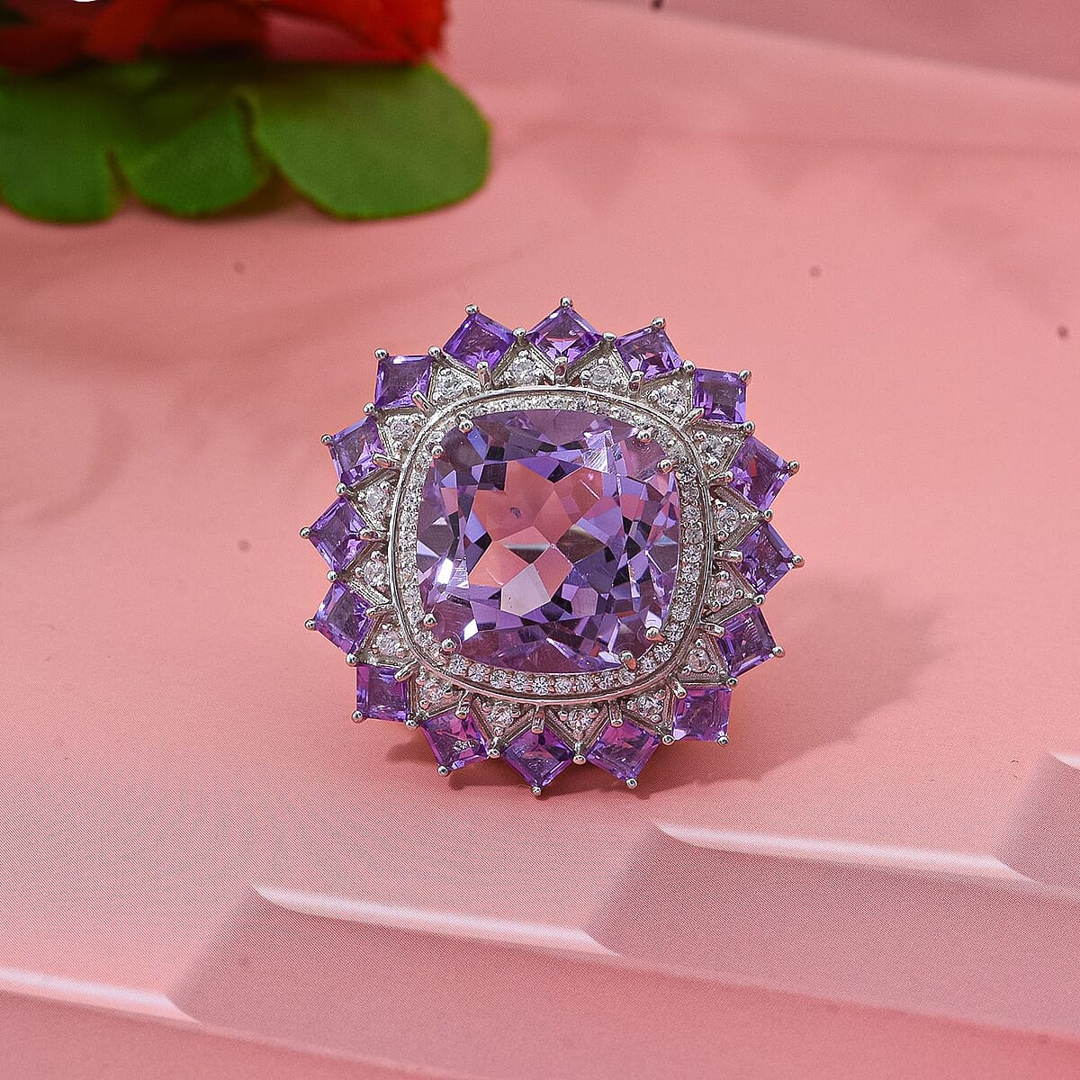 D'Joy Rose De France Amethyst and White Zircon 13.25 ctw Floral Ring in Rhodium Over Sterling Silver (Size 11.0) image number 1