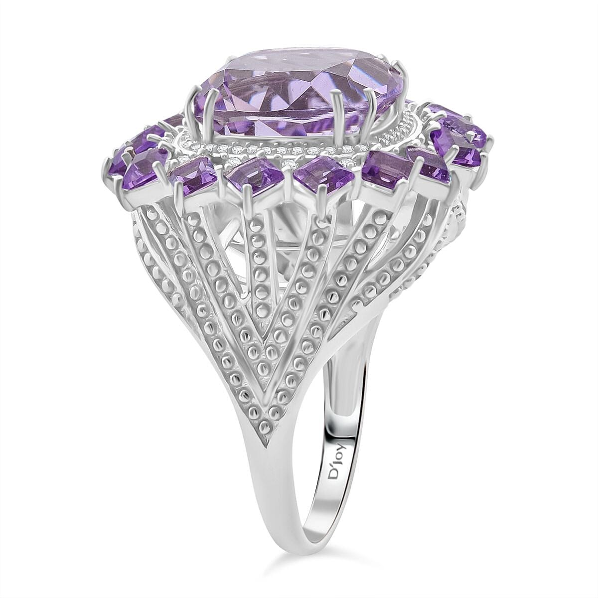 D'Joy Rose De France Amethyst and White Zircon 13.25 ctw Floral Ring in Rhodium Over Sterling Silver (Size 11.0) image number 3