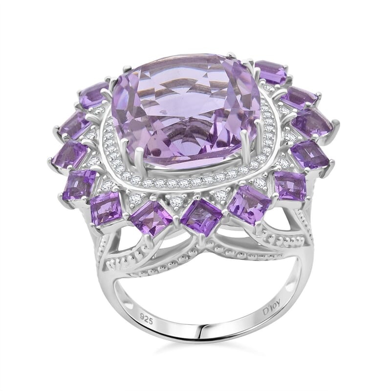 D'Joy Rose De France Amethyst and White Zircon 13.25 ctw Floral Ring in Rhodium Over Sterling Silver (Size 8.0)
