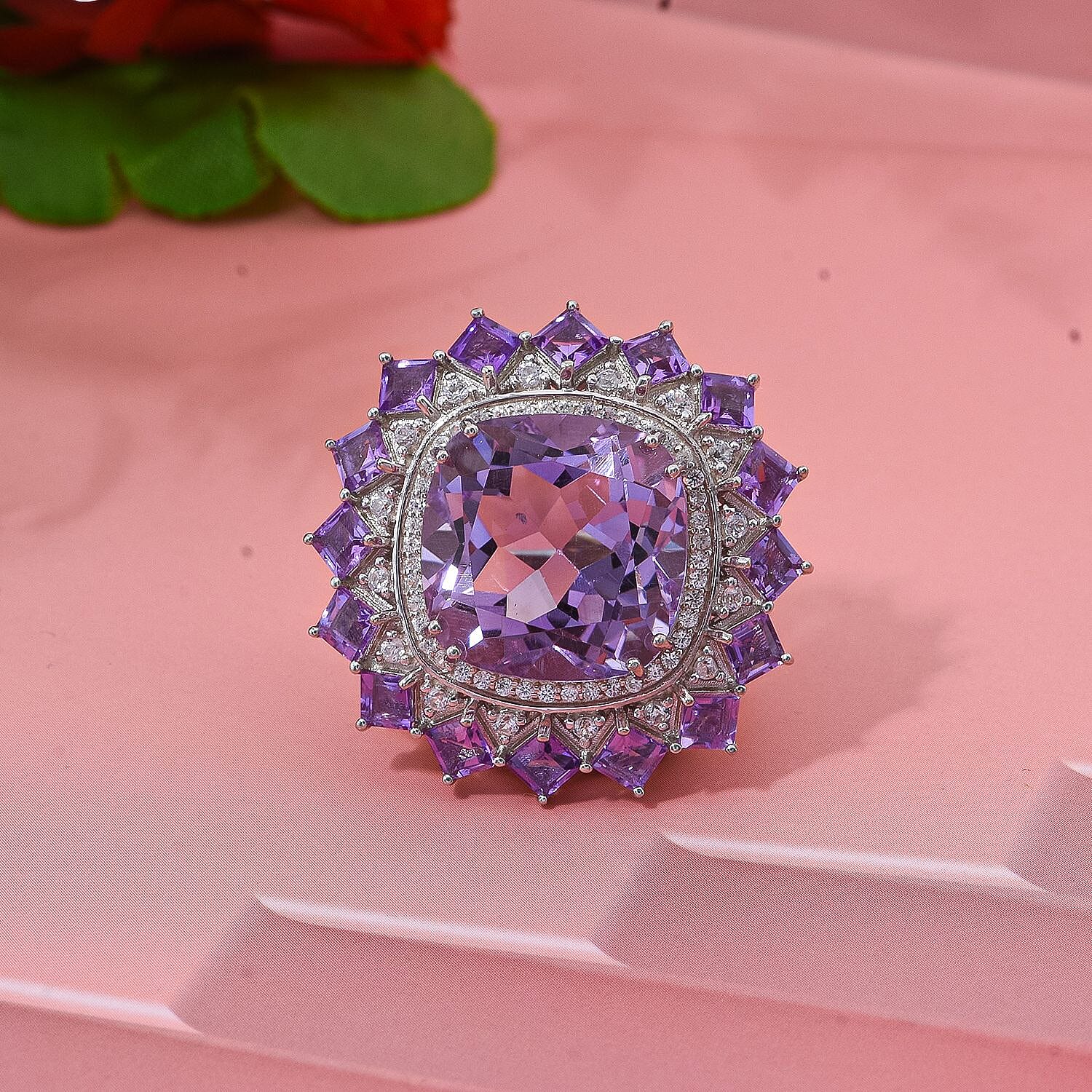 D'Joy Rose De France Amethyst and White Zircon 13.25 ctw Floral Ring in Rhodium Over Sterling Silver (Size 8.0)