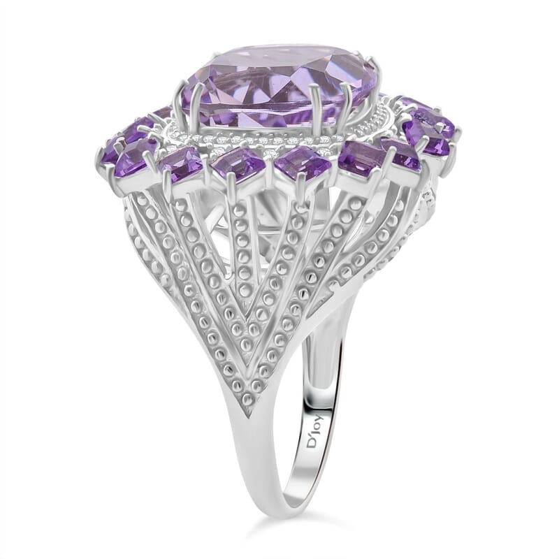 D'Joy Rose De France Amethyst and White Zircon 13.25 ctw Floral Ring in Rhodium Over Sterling Silver (Size 8.0)