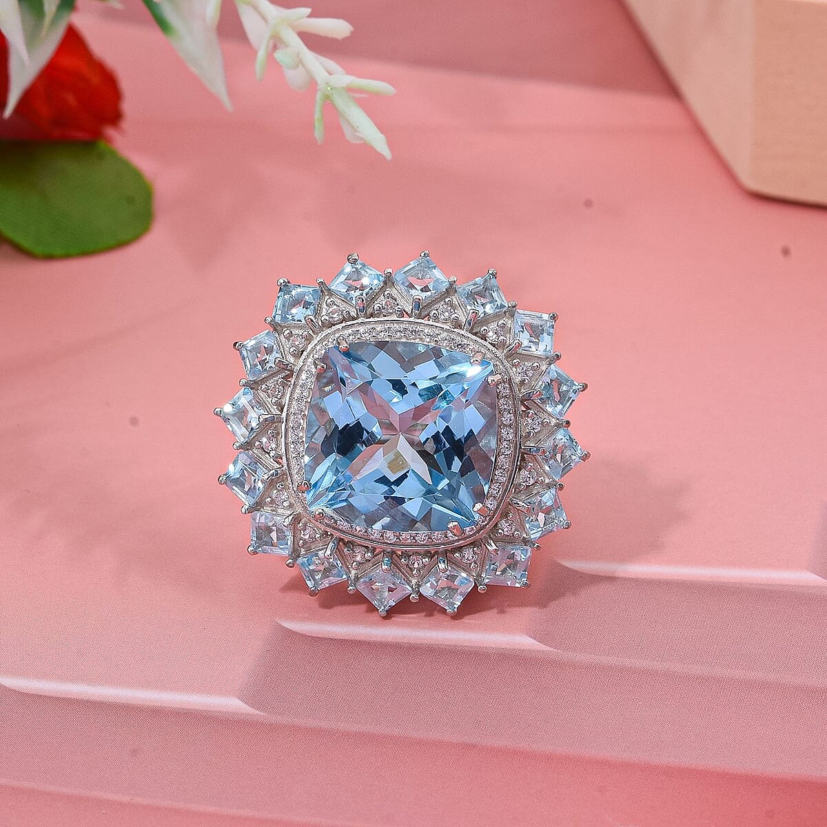 D'Joy Sky Blue Topaz and White Zircon 18.50 ctw Floral Ring in Rhodium Over Sterling Silver (Size 7.0) image number 1