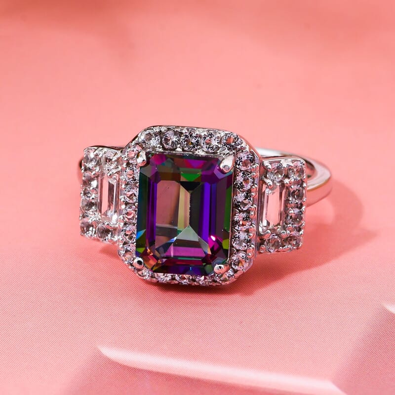 Green Mystic Topaz and White Topaz 3.75 ctw Halo Ring in Rhodium Over Sterling Silver (Size 10.0)