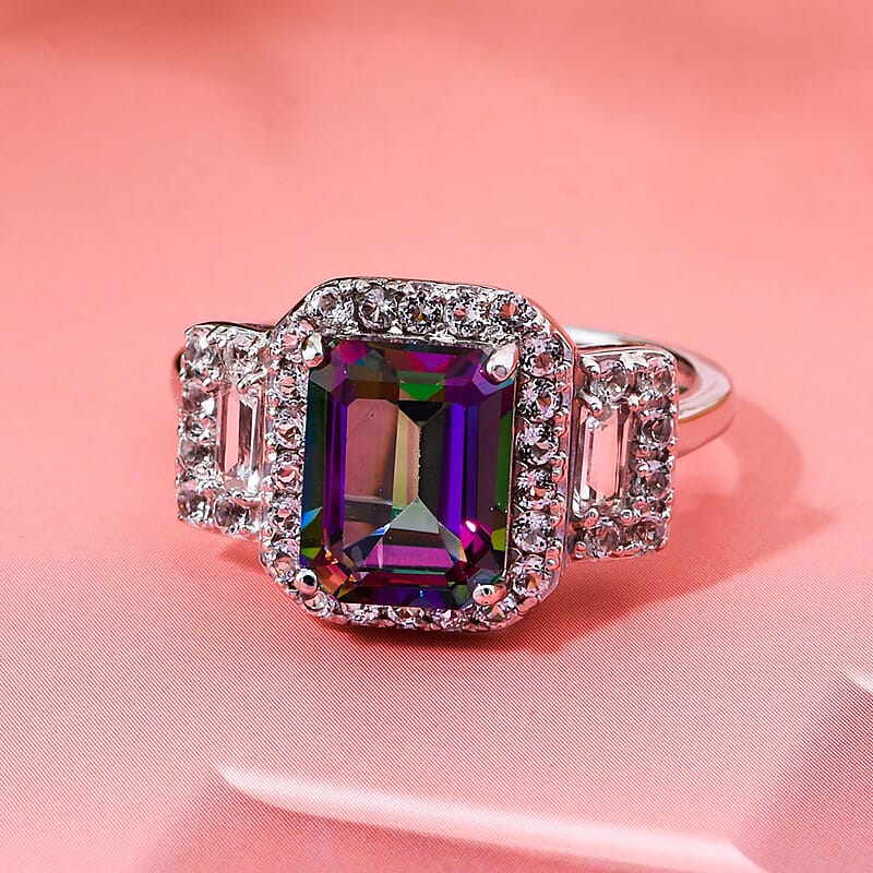 Green Mystic Topaz and White Topaz 3.75 ctw Halo Ring in Rhodium Over Sterling Silver (Size 10.0)