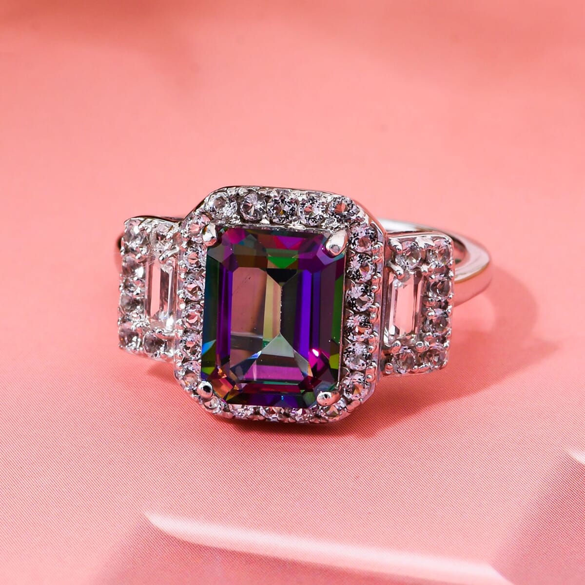 Green Mystic Topaz and White Topaz 3.75 ctw Halo Ring in Rhodium Over Sterling Silver (Size 9.0) image number 1