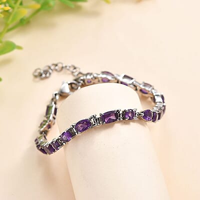 African Amethyst 8.90 ctw Cascade Bracelet in Stainless Steel (6.50-8.0In)