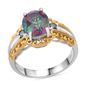 Green Mystic Topaz and Blue Moissanite 3.15 ctw Ring in 18K Vermeil YG and Rhodium Over Sterling Silver (Size 10.0)