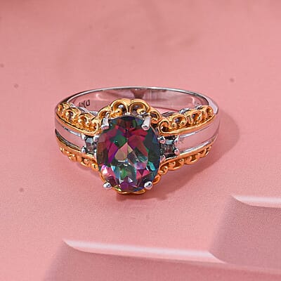 Green Mystic Topaz and Blue Moissanite 3.15 ctw Ring in 18K Vermeil YG and Rhodium Over Sterling Silver (Size 10.0)
