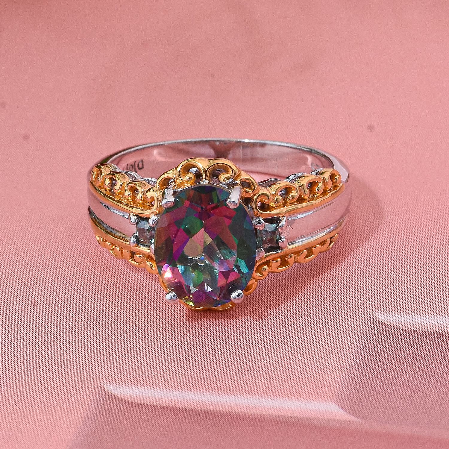 Green Mystic Topaz and Blue Moissanite 3.15 ctw Ring in 18K Vermeil YG and Rhodium Over Sterling Silver (Size 8.0)
