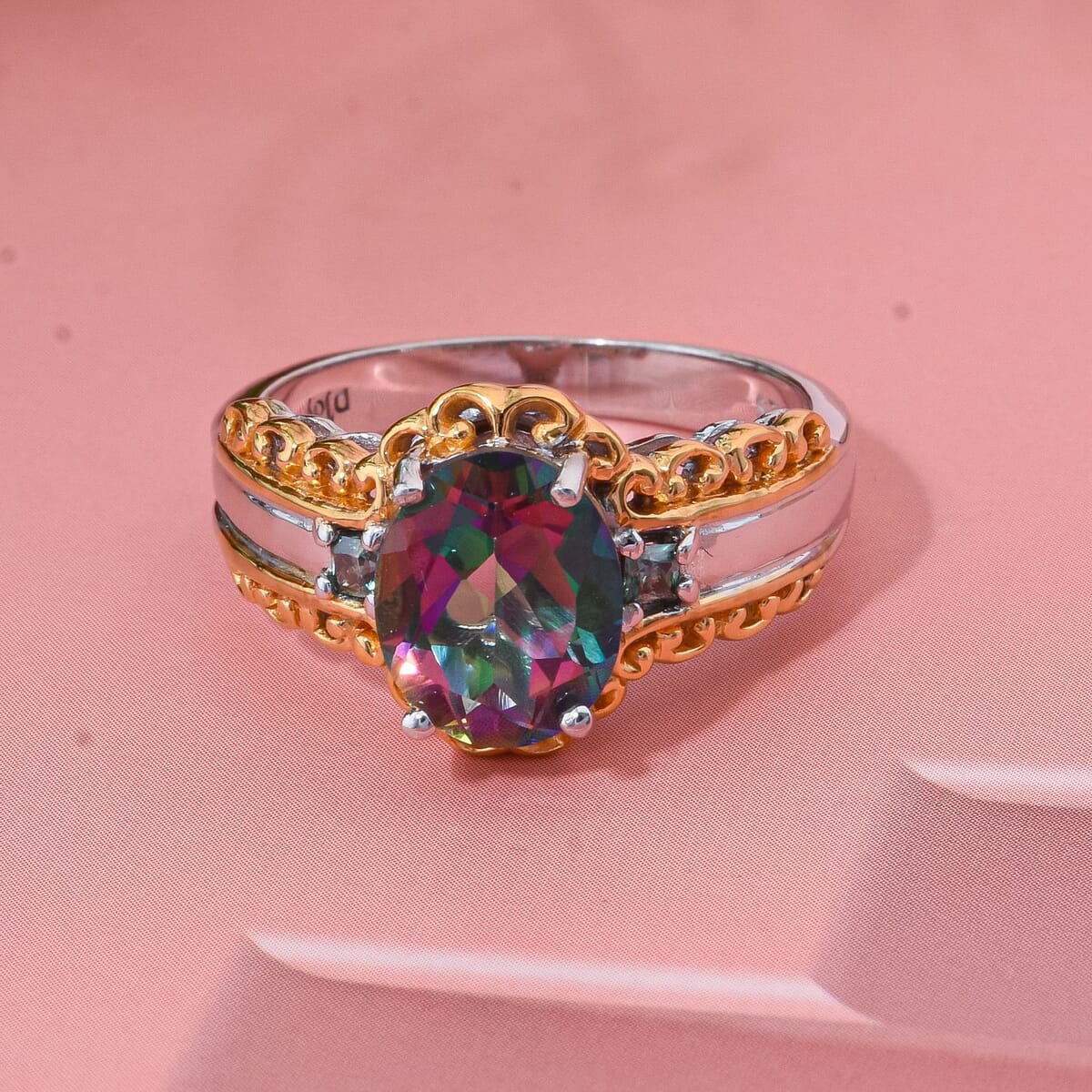 Green Mystic Topaz and Blue Moissanite 3.15 ctw Ring in 18K Vermeil YG and Rhodium Over Sterling Silver (Size 7.0) image number 1