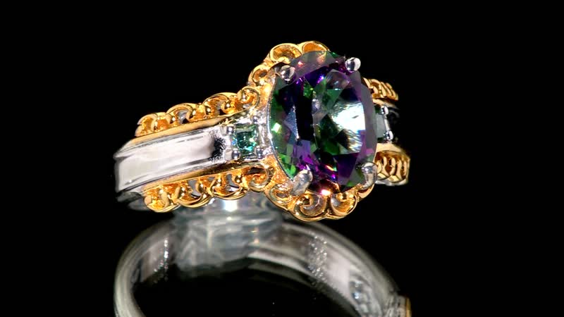 Green Mystic Topaz and Blue Moissanite 3.15 ctw Ring in 18K Vermeil YG and Rhodium Over Sterling Silver (Size 8.0)