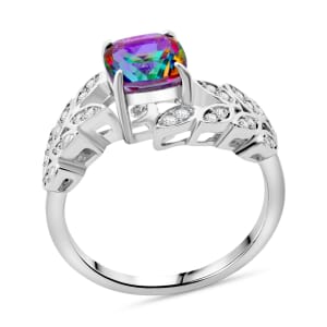Green Mystic Topaz and White Zircon 2.15 ctw Leaves Ring in Rhodium Over Sterling Silver (Size 8.0)