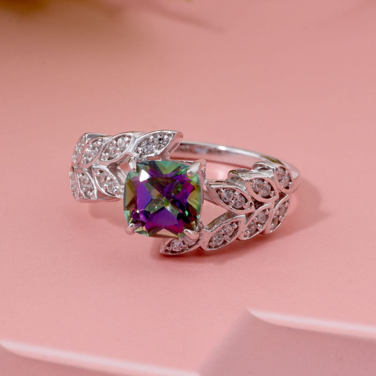 Green Mystic Topaz and White Zircon 2.15 ctw Leaves Ring in Rhodium Over Sterling Silver (Size 8.0) image number 1