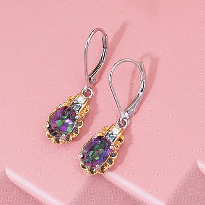 Green Mystic Topaz and Blue Moissanite 2.90 ctw Earrings in 18K Vermeil YG and Rhodium Over Sterling Silver