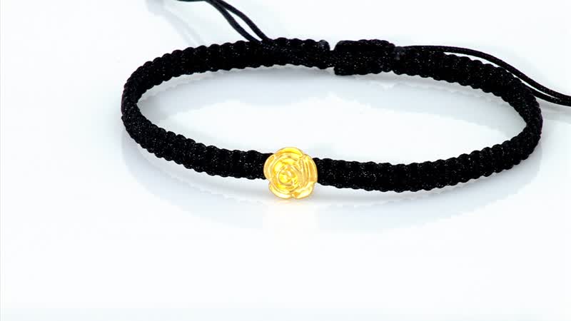 24K Yellow Gold Rose Floral Bracelet in Black Cord Adjustable (0.10 g)