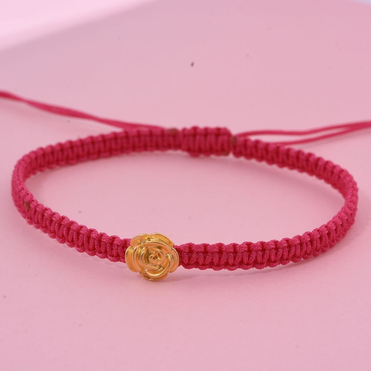 24K Yellow Gold Rose Floral Bracelet in Red Cord Adjustable (0.15 g) (Del. in 10-12 Days) image number 1
