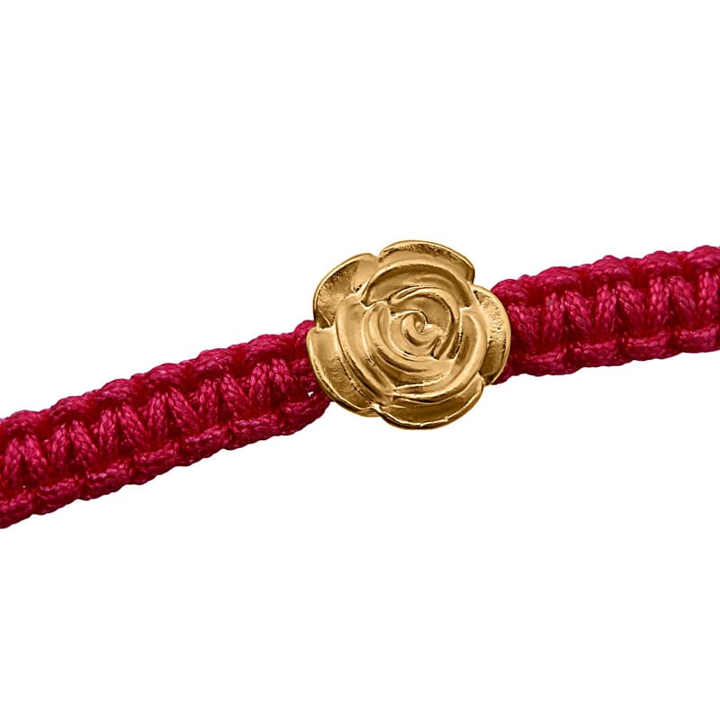 24K Yellow Gold Rose Floral Bracelet in Red Cord Adjustable (0.15 g)