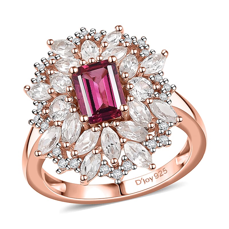 Luxuriant Premium Bixbite (LG) and White Zircon 3.60 ctw Blossom Royale Ring in 18K Vermeil Rose Gold Over Sterling Silver (Size 10.0)