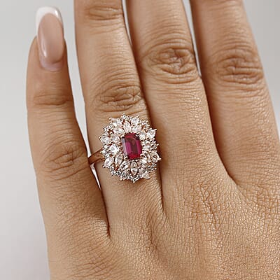Luxuriant Premium Bixbite (LG) and White Zircon 3.60 ctw Blossom Royale Ring in 18K Vermeil Rose Gold Over Sterling Silver (Size 10.0)