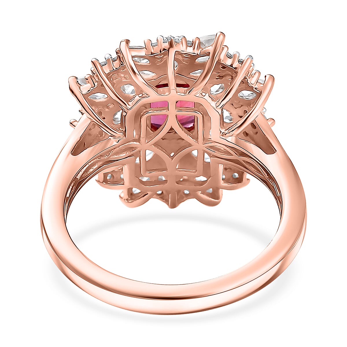 Luxuriant Premium Bixbite (LG) and White Zircon 3.60 ctw Blossom Royale Ring in 18K Vermeil Rose Gold Over Sterling Silver (Size 5.0)