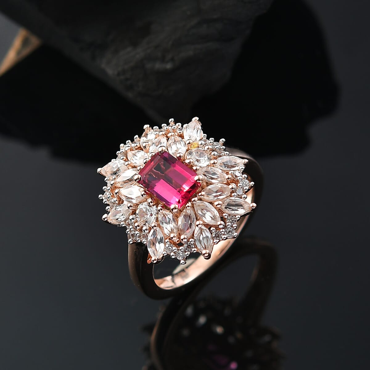 Luxuriant Premium Bixbite (LG) and White Zircon 3.60 ctw Blossom Royale Ring in 18K Vermeil Rose Gold Over Sterling Silver (Size 7.0) image number 1