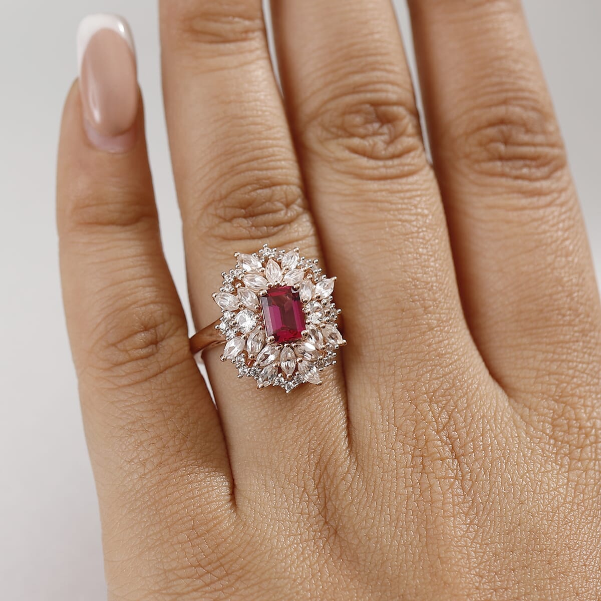 Luxuriant Premium Bixbite (LG) and White Zircon 3.60 ctw Blossom Royale Ring in 18K Vermeil Rose Gold Over Sterling Silver (Size 7.0) image number 2