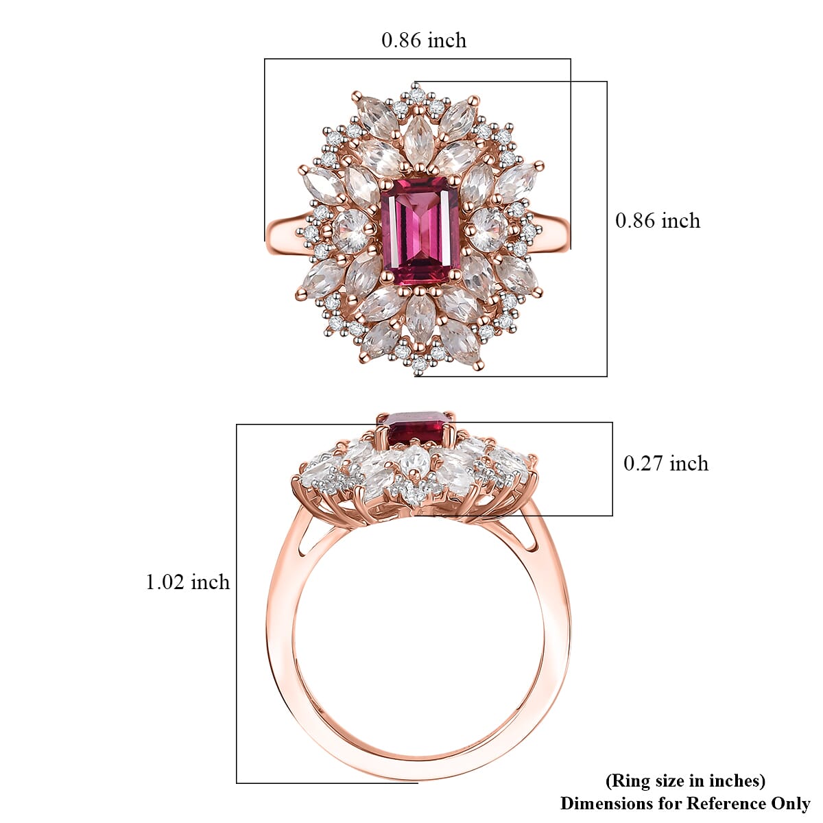 Luxuriant Premium Bixbite (LG) and White Zircon 3.60 ctw Blossom Royale Ring in 18K Vermeil Rose Gold Over Sterling Silver (Size 7.0) image number 5