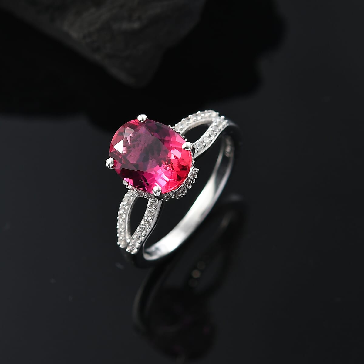 Luxuriant Premium Bixbite (LG) and White Zircon 2.90 ctw Infinity Grace Ring in Rhodium Over Sterling Silver (Size 10.0) image number 1