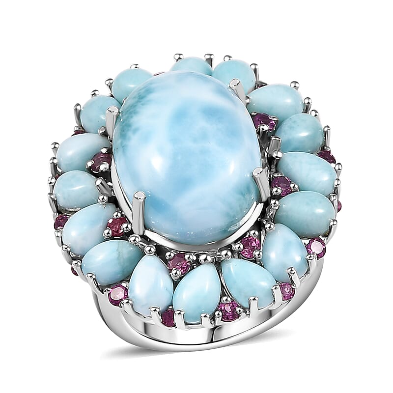 D'Joy Premium Larimar and Orissa Rhodolite Garnet 22.75 ctw Floral Ring in Rhodium Over Sterling Silver (Size 10.0)