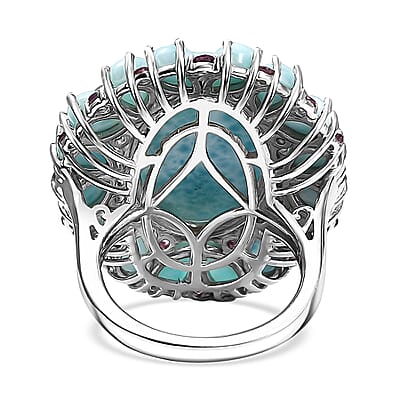 D'Joy Premium Larimar and Orissa Rhodolite Garnet 22.75 ctw Floral Ring in Rhodium Over Sterling Silver (Size 10.0)
