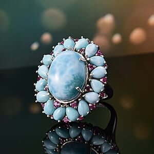 D'Joy Premium Larimar and Orissa Rhodolite Garnet 22.75 ctw Floral Ring in Rhodium Over Sterling Silver (Size 6.0)