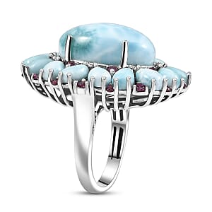 D'Joy Premium Larimar and Orissa Rhodolite Garnet 22.75 ctw Floral Ring in Rhodium Over Sterling Silver (Size 6.0)