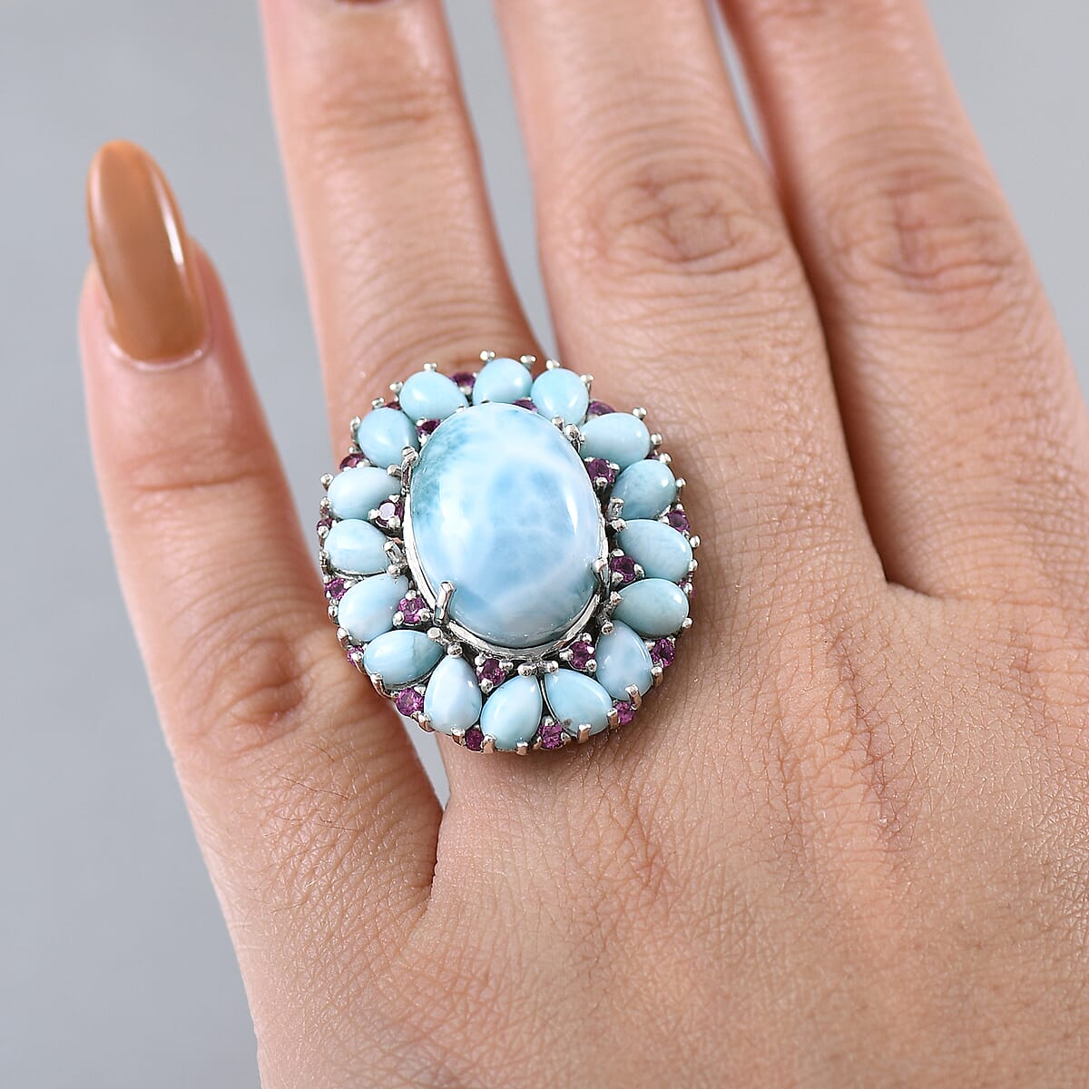 Premium Larimar and Orissa Rhodolite Garnet 22.75 ctw Floral Ring in Rhodium Over Sterling Silver (Size 7.0) image number 2