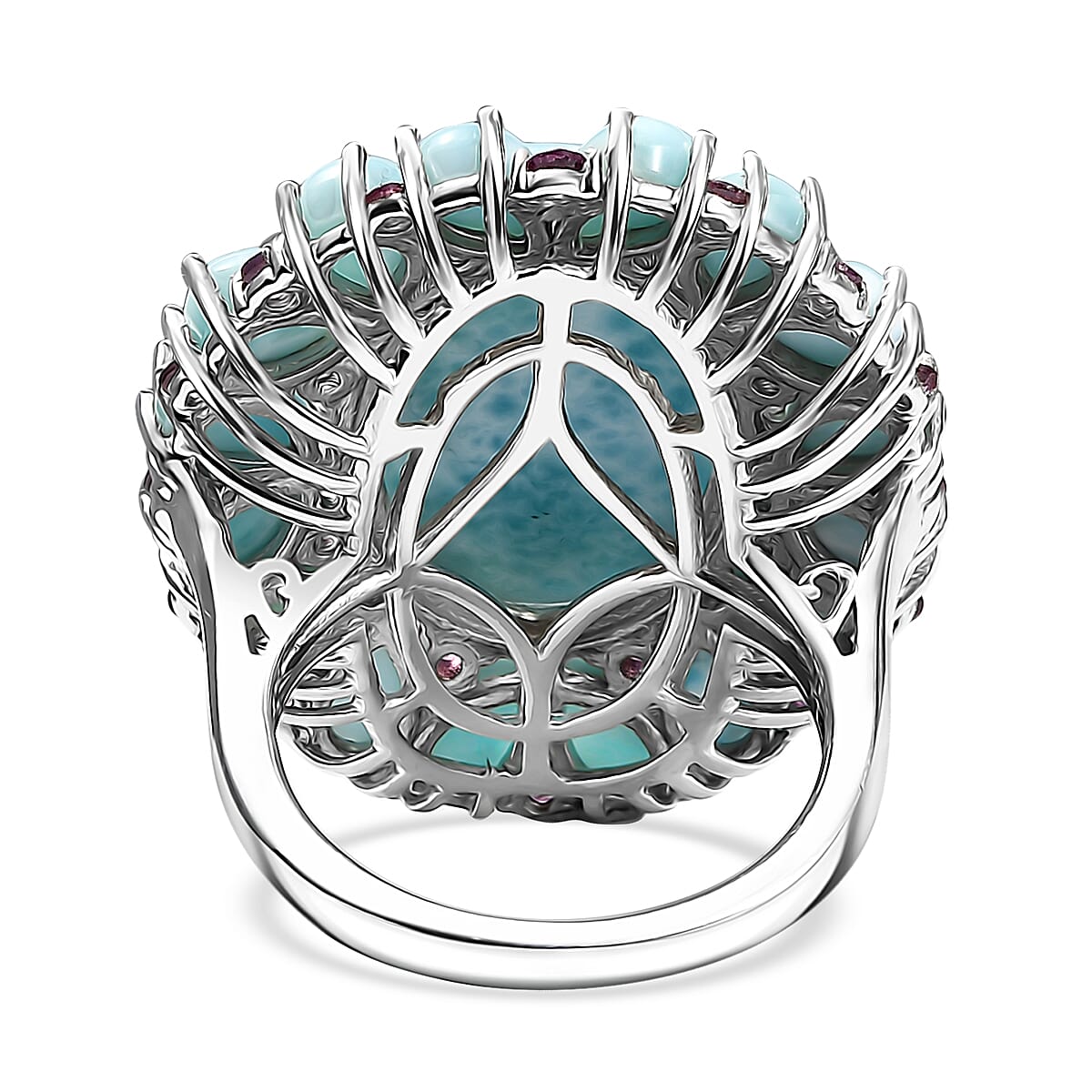 Premium Larimar and Orissa Rhodolite Garnet 22.75 ctw Floral Ring in Rhodium Over Sterling Silver (Size 7.0) image number 4