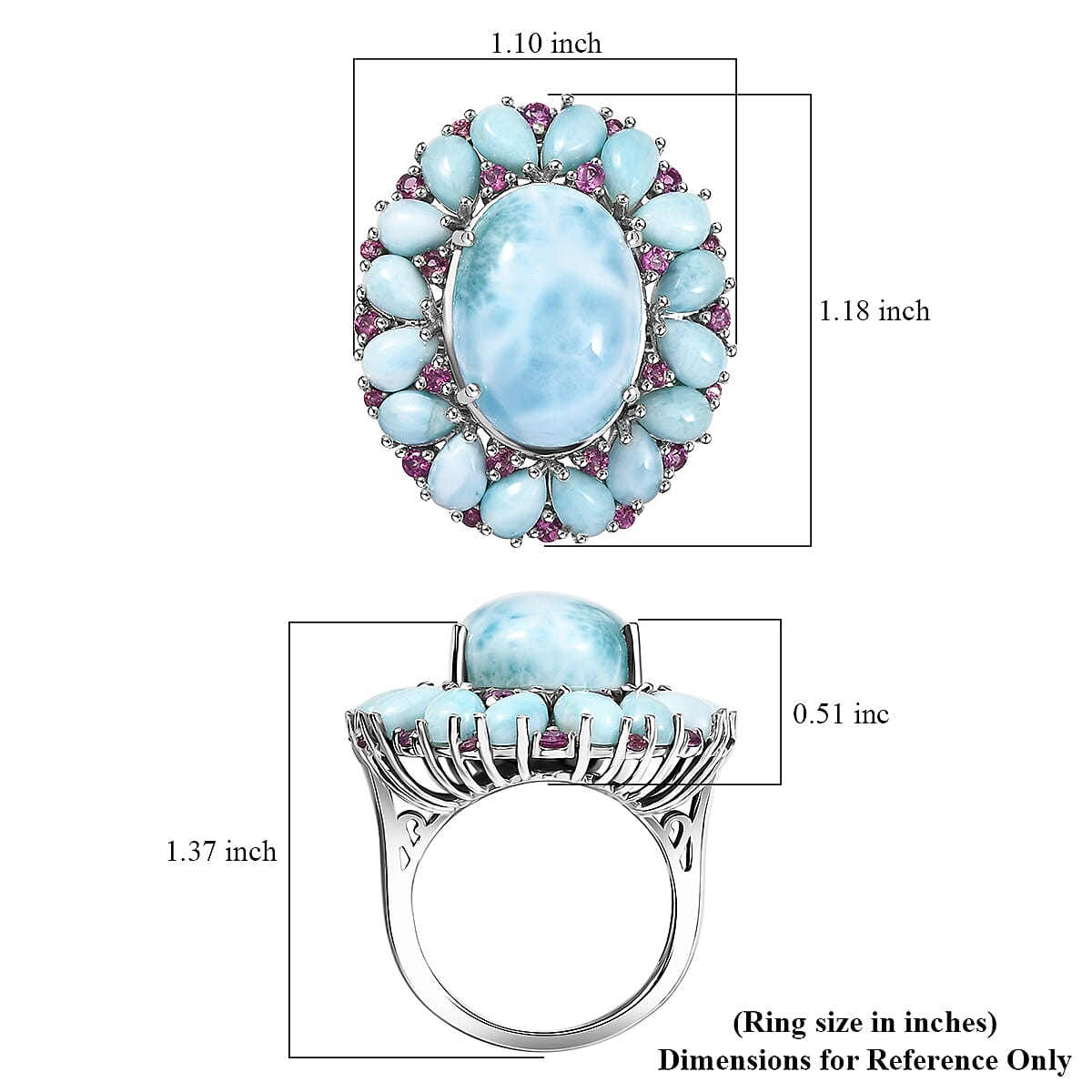 Premium Larimar and Orissa Rhodolite Garnet 22.75 ctw Floral Ring in Rhodium Over Sterling Silver (Size 7.0) image number 5