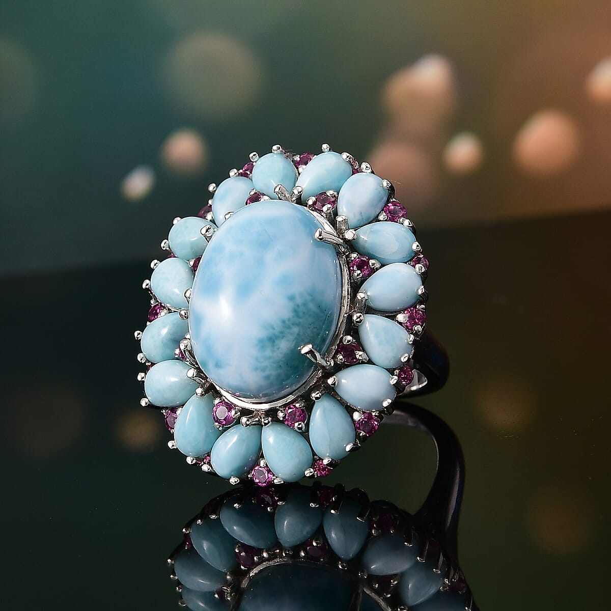D'Joy Premium Larimar and Orissa Rhodolite Garnet 22.75 ctw Floral Ring in Rhodium Over Sterling Silver (Size 9.0) image number 1