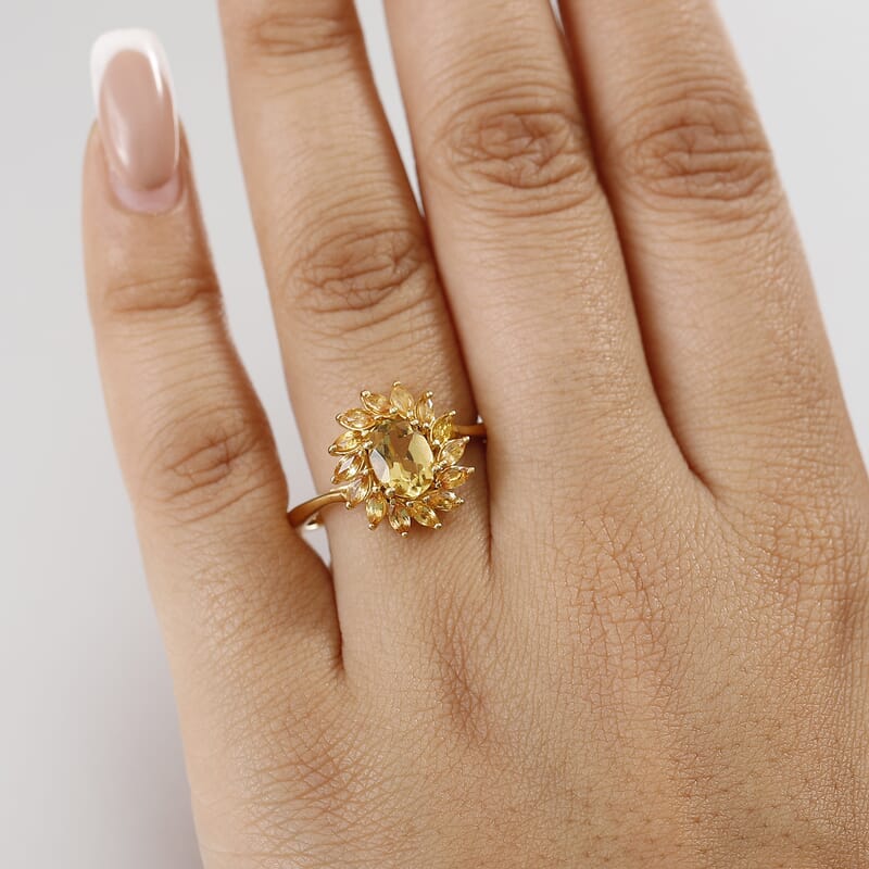 D'Joy Premium Brazilian Heliodor and Yellow Sapphire 2.40 ctw Sunflower Glow Ring in 18K Vermeil Yellow Gold Over Sterling Silver (Size 8.0)