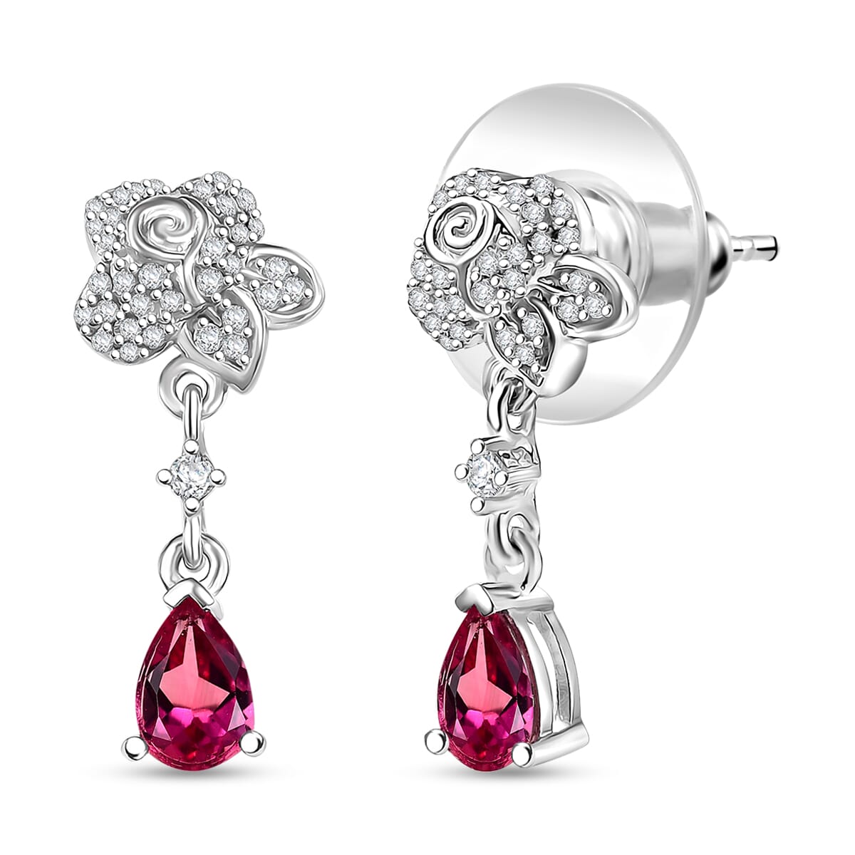 Luxuriant Bixbite (LG) and White Zircon 1.10 ctw Flower Drop Earrings in Rhodium Over Sterling Silver image number 0