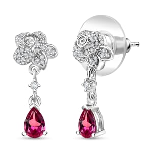 Luxuriant Bixbite (LG) and White Zircon 1.10 ctw Flower Drop Earrings in Rhodium Over Sterling Silver