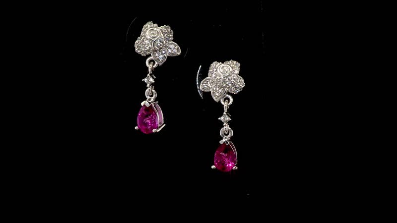 Luxuriant Bixbite (LG) and White Zircon 1.10 ctw Flower Drop Earrings in Rhodium Over Sterling Silver